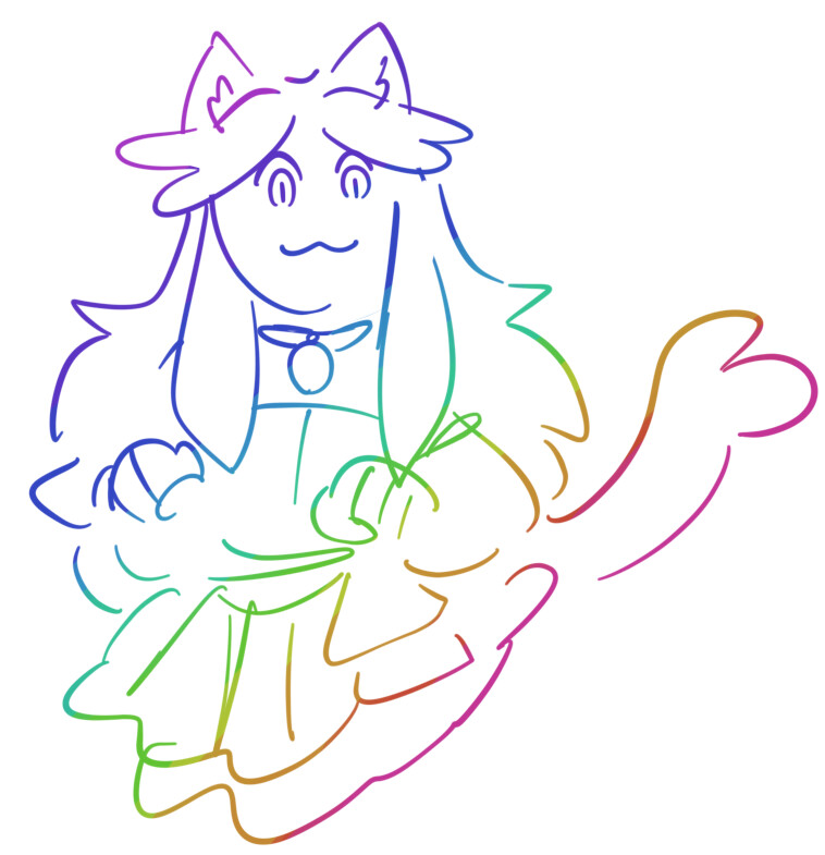 line art of Prism, with cat ears, cat eyes, a tail, and a collar, with the lines in a rainbow gradient